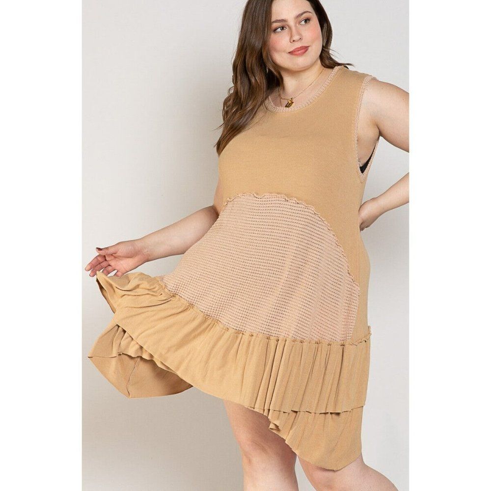 POL CLOTHING PLUS Size Sugar Beige Mini Babydoll Dress Thermal Contrast SMT185